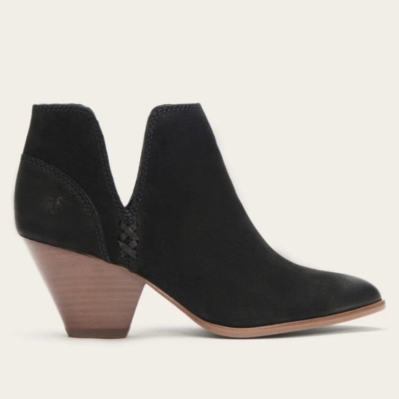 Frye Reina Solid Black Wood Block Heel Cut Out Suede Leather Ankle Booties - Picture 1 of 12